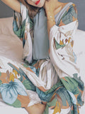 4Pcs Leaves Print V-Neck Sleeveless Wide Leg Pants Cozy Pajamas With Robes - Presidential Brand (R)