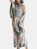 4Pcs Leaves Print V-Neck Sleeveless Wide Leg Pants Cozy Pajamas With Robes - Presidential Brand (R)