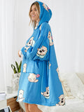 Women Cartoon Print Oversized Kangaroo Pocket Fleece Lined Blanket Hoodie Sleepwear Robes - Presidential Brand (R)