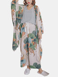 4Pcs Leaves Print V-Neck Sleeveless Wide Leg Pants Cozy Pajamas With Robes - Presidential Brand (R)