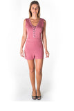 Ladies fashion casual lace up v neck knit romper shorts - Presidential Brand (R)