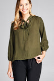 Ladies fashion 3/4 sleeve self bow tie neck back keyhole dot print woven top - Presidential Brand (R)