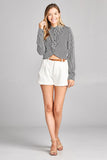 Ladies fashion long sleeve front knot w/button stripe rayon challis woven top - Presidential Brand (R)