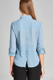 Ladies fashion long sleeve front pocket chiffon blouse w/ back button detail - Presidential Brand (R)