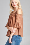 Ladies fashion plus size short sleeve open shoulder w/lace trim sub gauze woven top - Presidential Brand (R)