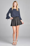Ladies fashion 3/4 w/bell sleeve round neck dot print crepe woven top - Presidential Brand (R)