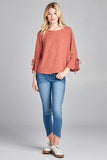 Ladies fashion 3/4 w/bell sleeve round neck dot print crepe woven top - Presidential Brand (R)