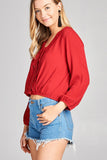 Plus size Ladies fashion 3/4 Sleeve Crochet lace Trim W/Lace Up Crinkle Gauze Woven Top - Presidential Brand (R)