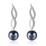 Micro Pav'e Simulated Dimaond Curved Inception Akoya Pearl Dangling Earrings Set in 18K White Gold - Presidential Brand (R)