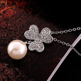 18K White Gold Plated Pave Lucky Clover with Imitation Pearl Necklace - Presidential Brand (R)