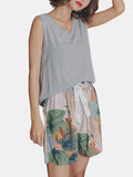 4Pcs Leaves Print V-Neck Sleeveless Wide Leg Pants Cozy Pajamas With Robes - Presidential Brand (R)