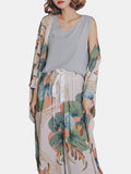 4Pcs Leaves Print V-Neck Sleeveless Wide Leg Pants Cozy Pajamas With Robes - Presidential Brand (R)