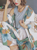 4Pcs Leaves Print V-Neck Sleeveless Wide Leg Pants Cozy Pajamas With Robes - Presidential Brand (R)