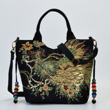 Shiny Peacock Embroidered Tote Bag Retro Casual Large Handbag Shoulder Belt - Presidential Brand (R)