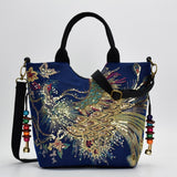 Shiny Peacock Embroidered Tote Bag Retro Casual Large Handbag Shoulder Belt - Presidential Brand (R)