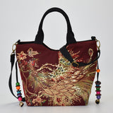 Shiny Peacock Embroidered Tote Bag Retro Casual Large Handbag Shoulder Belt - Presidential Brand (R)