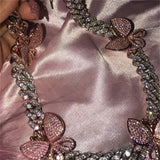 Pink Cuban Link Butterfly Choker Necklace Chain Crystal Rhinestone Chokers Necklaces for Women Gold Collar Wholesale - Presidential Brand (R)