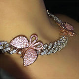 Pink Cuban Link Butterfly Choker Necklace Chain Crystal Rhinestone Chokers Necklaces for Women Gold Collar Wholesale - Presidential Brand (R)